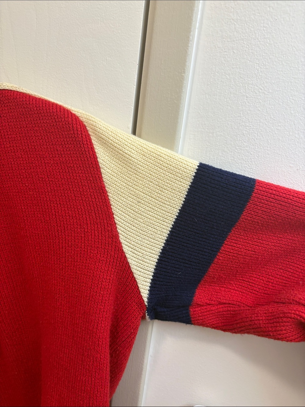 VINTAGE  Red Colorblock Crewneck Sweater. By BSF. LARGE. Taiwan. Acrylic. - Picture 3 of 9